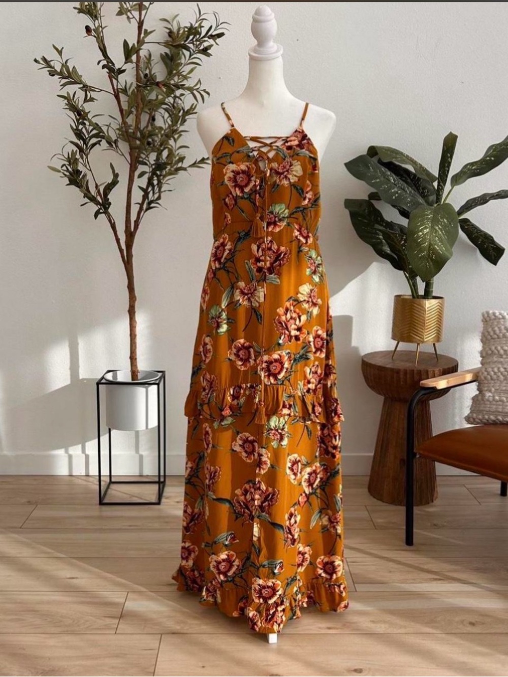 Xhilaration Mustard Floral Spaghetti-Strap Maxi Dress - Picture 1 of 6